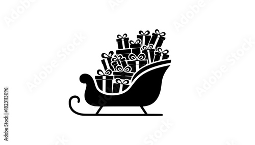 Santa's sleigh loaded with presents icon, a simple black vector silhouette of a traditional Christmas sled carrying wrapped gift boxes with bows
