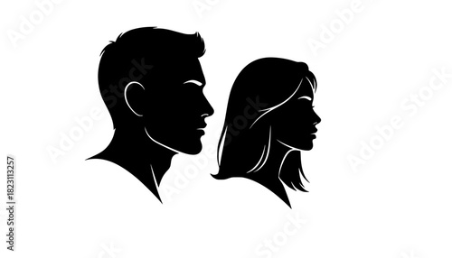 vector set, Vector illustration of silhouette man and woman portrait in profile. Male and female head on a white background side view.
