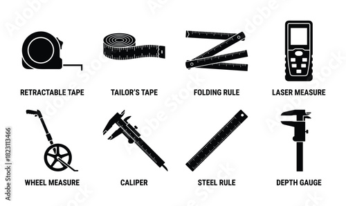 Black glyph icons of various measuring tapes and rules like retractable, folding, steel rule