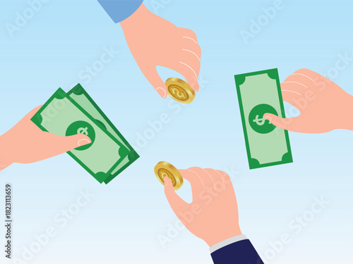 Donating money for charity. People group giving dollar  as donation. Charity fundraising, crowdfunding