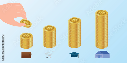 Hand puts coin on a stack of gold coins for saving, education, house and shopping
