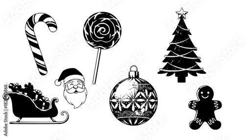 Festive season holiday christmas icon set featuring essential winter elements like candy cane lollipop stylized tree ornate bauble Santa's sleigh gingerbread man