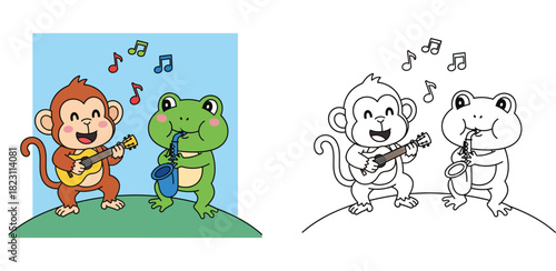 Cute Cartoon Monkey and Frog Friends Playing Music Band. Happy Animals Performing with Guitar and Saxophone on Sunny Day for Kids Design Vector Illustration.