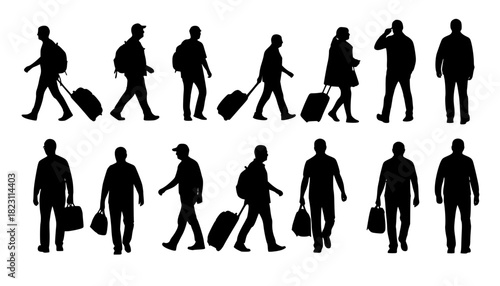 silhouettes of people walking , Silhouettes of people walking with luggage and bags travel on transparent background , no background	