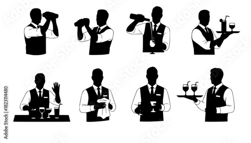 Set of bartender silhouette vector on white background	