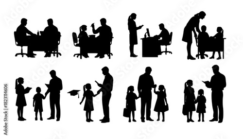 Set of teacher and student silhouette interactions, educational concept vector with children and adults in various learning scenes	