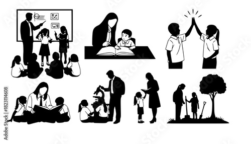 Set of teacher and student silhouette interactions, educational concept vector with children and adults in various learning scenes	