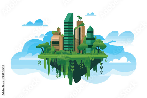 Floating island city with lush green vegetation and skyscrapers in blue sky buildings trees