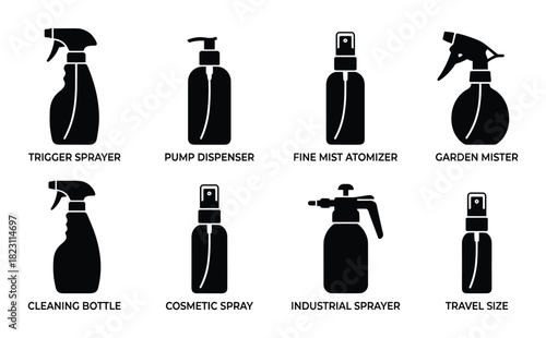 Black silhouette icons of sprayer bottles: trigger sprayer, pump dispenser, fine mist atomizer, garden mister, cleaning bottle, cosmetic spray, industrial sprayer, and travel size.