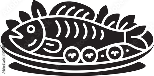 Artistic fish platter illustration featuring seafood dish for restaurants and cookbooks