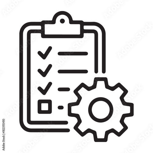 Clipboard with checklist and gear icon representing task management and process optimization