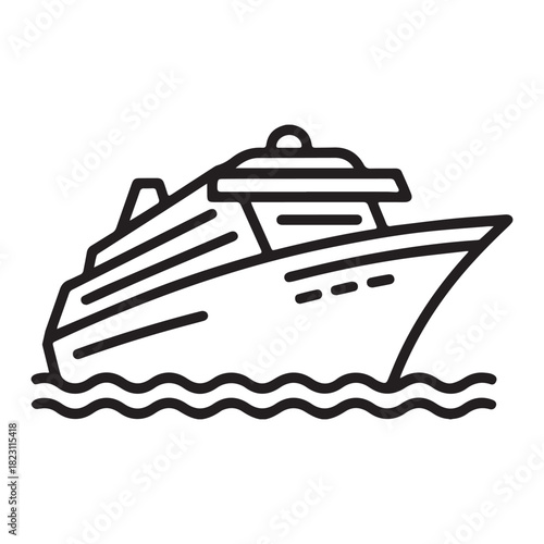 Simple line art illustration of a modern cruise ship sailing on wavy water