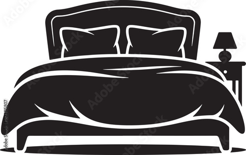 Detailed illustration of comfortable bed with pillows and nightstand lamp bedside