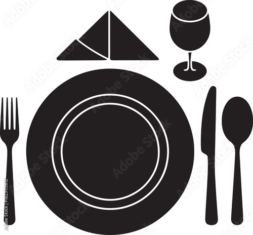 Dining table setting illustration in black and white on transparent backdrop
