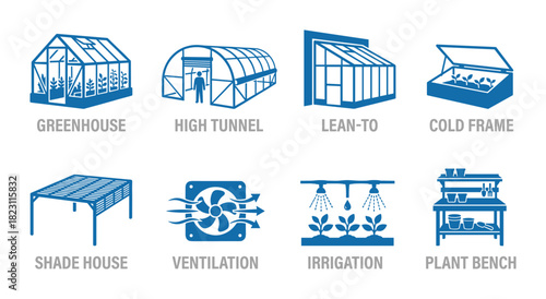 Blue outline icons of greenhouse, high tunnel, lean-to, cold frame, shade house, ventilation, irrigation.