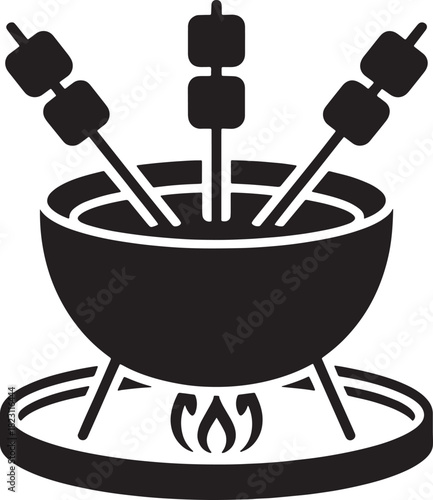 Illustration of fondue with marshmallows on fire for cozy evenings and delicious treat