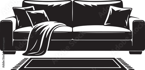 Living room design with couch pillows and rug illustration template space