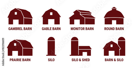 Collection of barn types and farm buildings icons, gambrel, gable, monitor, round, prairie, silo