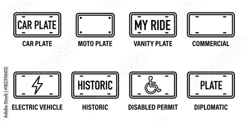 Collection of car plate icons showing various types such as moto, vanity, commercial and historic.