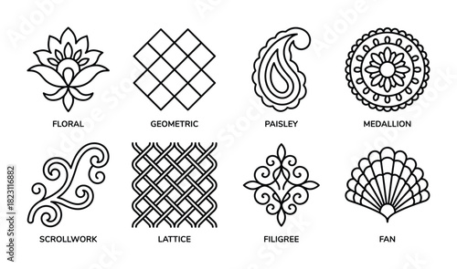 Collection of decorative vector elements for textile prints including floral, lattice, and fan.