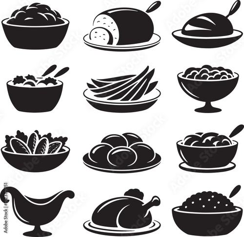 Thanksgiving dinner icon set of traditional holiday foods and side dishes
