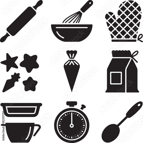Vector set of kitchen tools illustration equipment for baking on backdrop