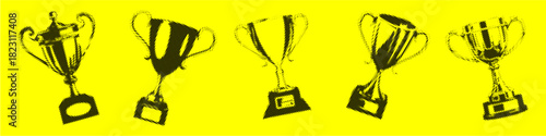 Set Trophy Cup Halftone Vector A collection of stylized trophy cups featuring a retro, halftone dotted pattern, perfect for awards, achievement, and recognition graphics.