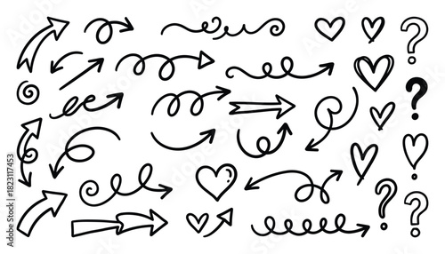 Collection of hand drawn doodle arrows, hearts, swirls, and question marks for highlighting