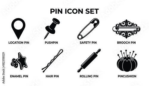 Collection of pin icons showing location pushpin safety brooch enamel hair rolling pincushion vector