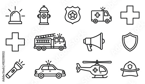 Collection of outline icons including ambulance, fire truck, police car, and medical cross symbols.