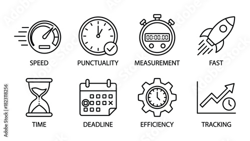 Collection of speed, punctuality, measurement, and deadline line icons for productivity