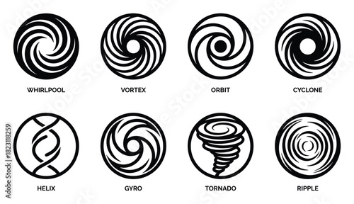 Collection of swirl icons showing whirlpool vortex orbit cyclone helix gyro tornado ripple