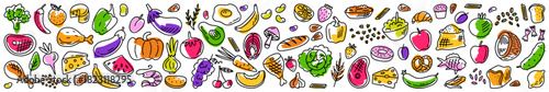 Horizontal illustration of healthy food vector collection, hand drawn with line art in doodle style
