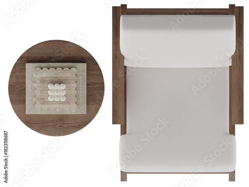 Curved Modern Sofa with Marble Coffee Table, Floor Rug, Plant and Magazine – Top View – Isolated PNG for Interior Design & Layout Planning