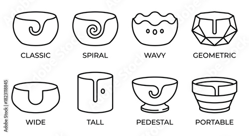 Collection of yarn bowls design. Classic spiral wavy geometric wide tall pedestal portable