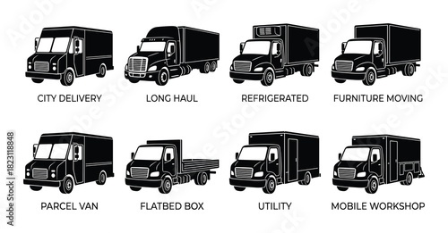 Commercial vehicle truck icons. City delivery long haul refrigerated furniture moving parcel flatbed utility mobile workshop.