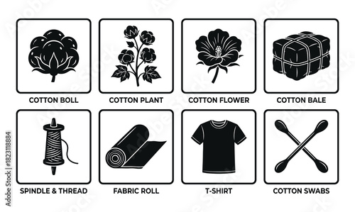 Cotton plant and textile manufacturing process glyph icons. Boll flower bale spindle fabric t-shirt swabs.