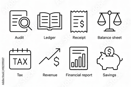Financial Icons: A collection of concise icons representing key financial concepts, conveying clarity and efficiency. Each icon signifies essential elements of financial operations