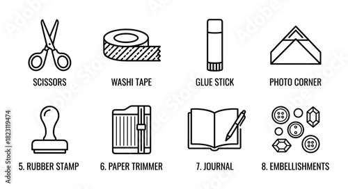 Creative crafting hobby tools outline icons. includes scissors, washi tape, glue stick, photo corner, rubber stamp, paper trimmer, journal, embellishments.