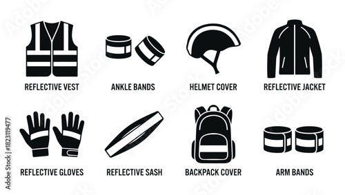 Cyclist protective gear vector icons. Reflective safety clothing and accessories for cycling.
