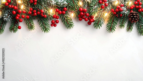 Festive Christmas garland with red berries, pine cones, and lights on white background, creating joyful holiday atmosphere
