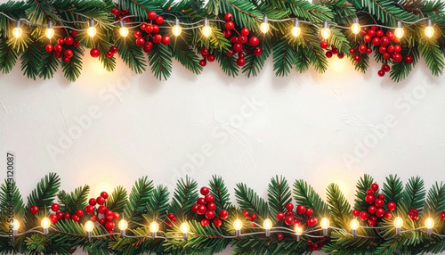 Festive Christmas garland with pine branches, red berries, and glowing lights on white background