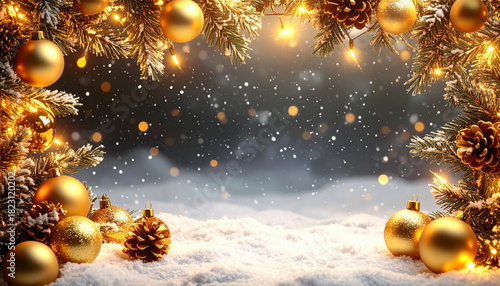 Golden Christmas ornaments and pine cones decorate snowy scene with twinkling lights, creating festive and warm holiday atmosphere