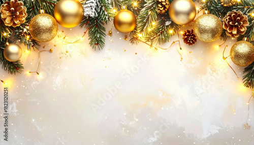 Festive Christmas background with golden ornaments, pine branches, and twinkling lights creating warm holiday atmosphere