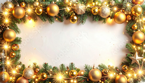 Festive Christmas border with golden ornaments and twinkling lights on evergreen branches, creating joyful holiday atmosphere