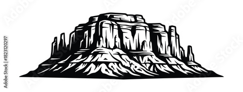Detailed black and white illustration of a beautiful rocky mountain landscape. Nature monument isolated on white.