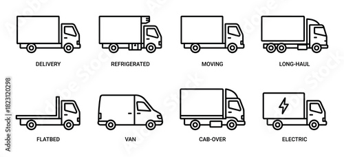 Delivery truck outline icons set. Refrigerated moving long-haul flatbed van cab-over electric vehicles.