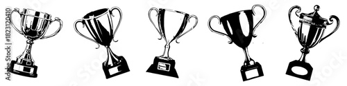 Set Trophy Cup Black and White Vector A collection of stylized trophy cups rendered in black and white, ideal for awards, achievement, and recognition graphics.