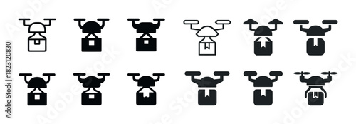 Set of drone icons: delivery, transport, technology, logistics, aerial