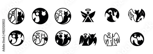 Angel and devil icons set in monochrome style